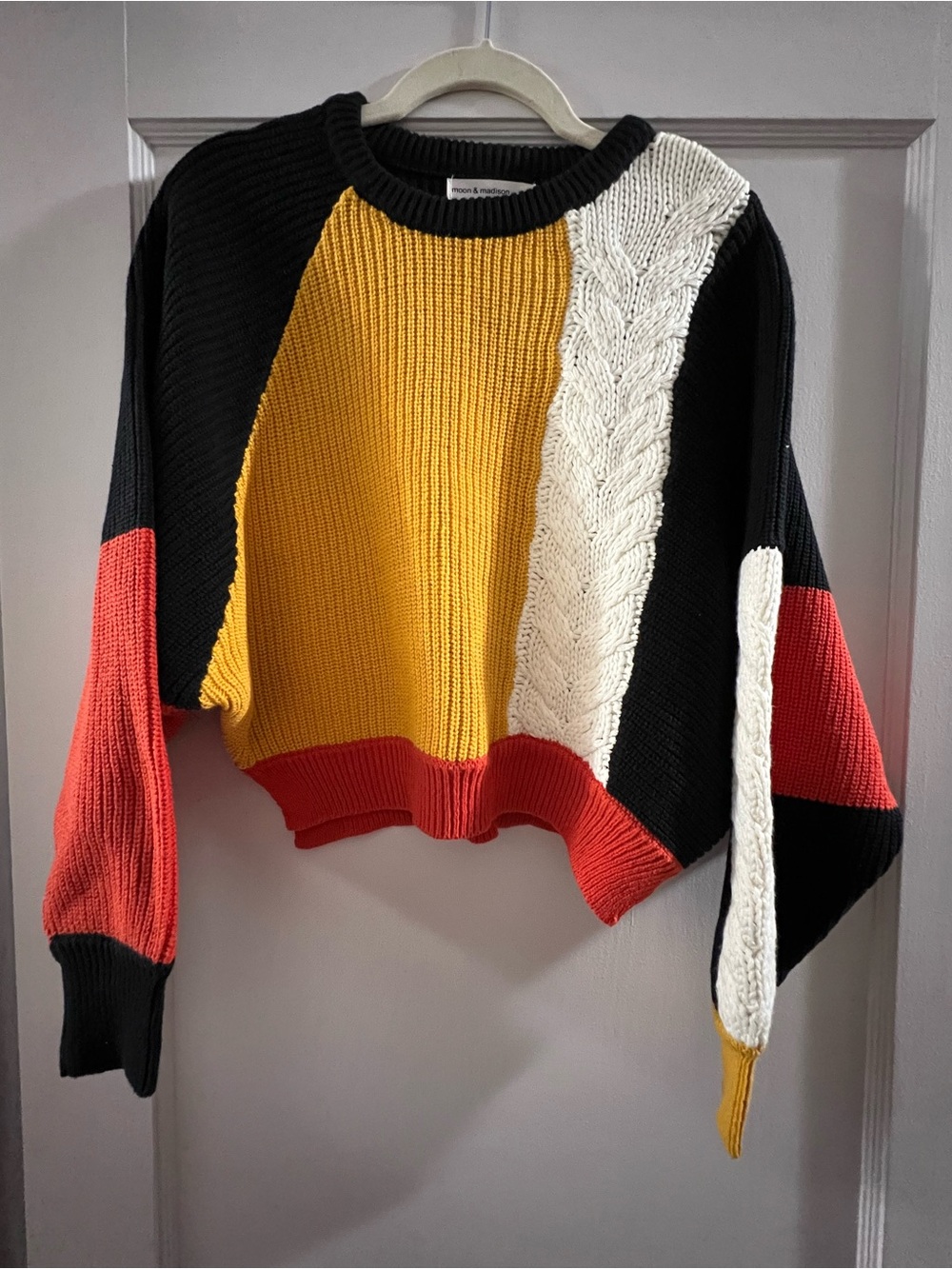 moon & madison Colorblock Cable-Knit Sweater in Black, Yellow, Red, White